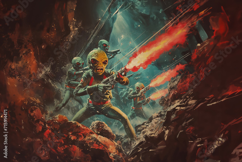Science Fiction Aliens fighting in the style of a vintage pulp novel cover. AI Generated