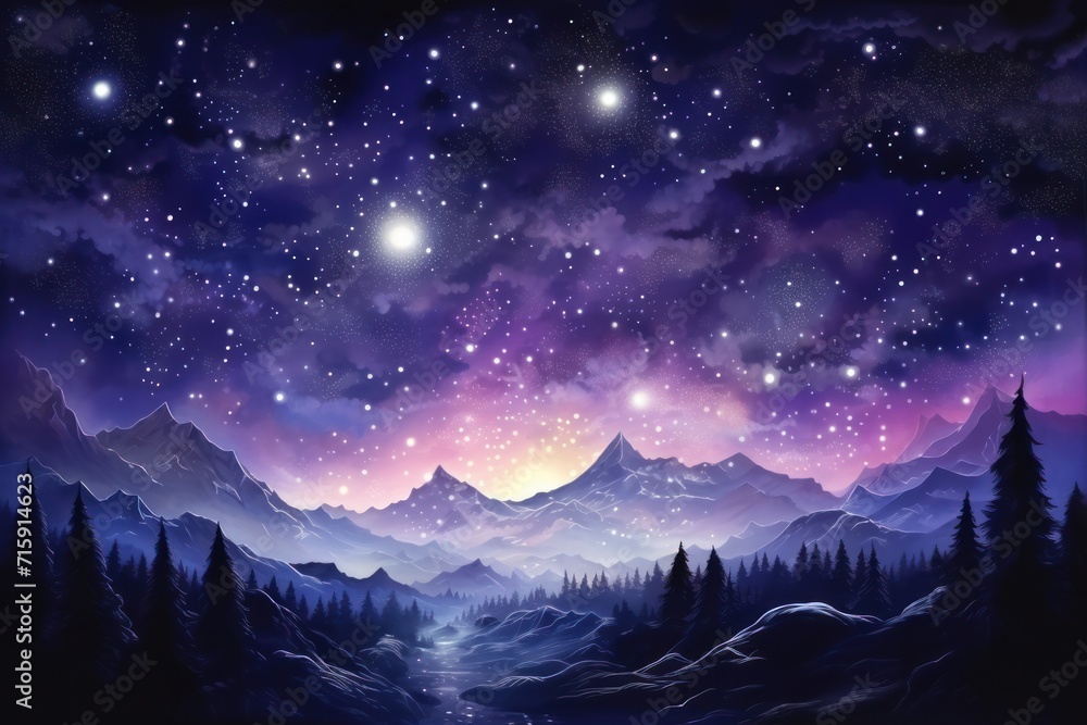  a painting of a night sky with stars and mountains in the foreground and a river running through the middle.