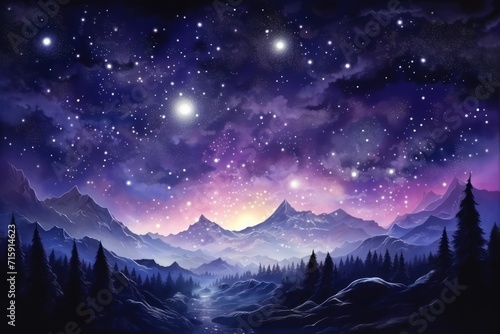  a painting of a night sky with stars and mountains in the foreground and a river running through the middle.