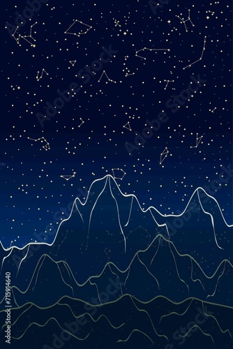 Abstract Sky Map of Hemisphere with Predawn Mountains. Blue and Yellow Constellations Isolated on Starry Night Background. Raster. 3D Illustration