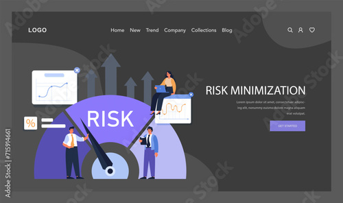 Risk Minimization spotlighted dark or night mode web, landing. Professionals navigate financial charts, with rising arrows denoting growth. Compass points to reduced risk. Flat vector illustration.