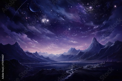  a painting of a night sky with mountains in the foreground and a river running through the middle of it. © Shanti
