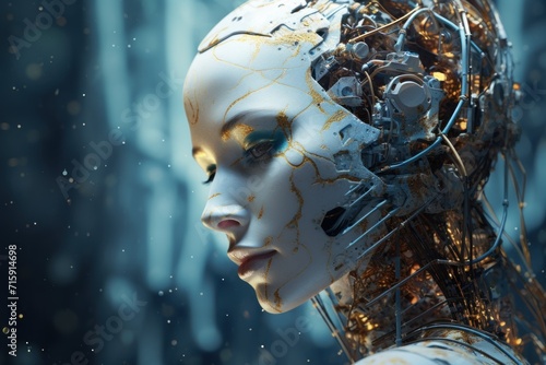  a close up of a woman's face with a lot of wires coming out of her head and a forest in the background.