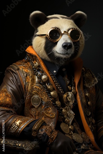 a panda bear wearing a leather jacket and goggles  sitting in a chair with a gold chain around his neck.