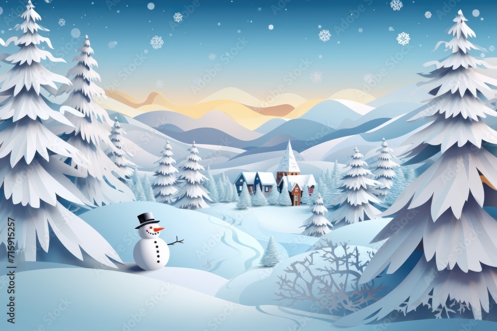  a winter scene with a snowman in the foreground and snowy trees on the far side of the picture.