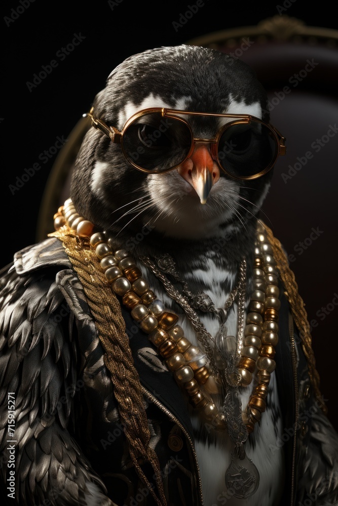  a close up of a bird wearing a suit and sunglasses with beads on it's neck and a chain around it's neck.