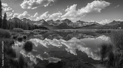 A panoramic landscape capturing an unbiased view of nature's diversity. Black and white