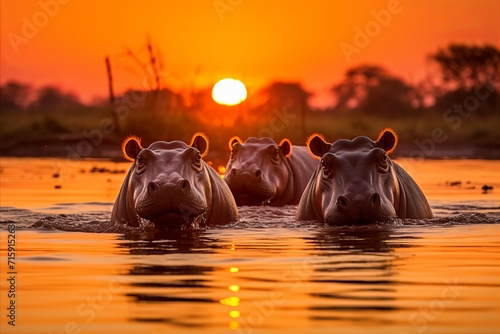 Awe-inspiring african landscape. majestic hippos basking in the warm glow of the savannah sunset