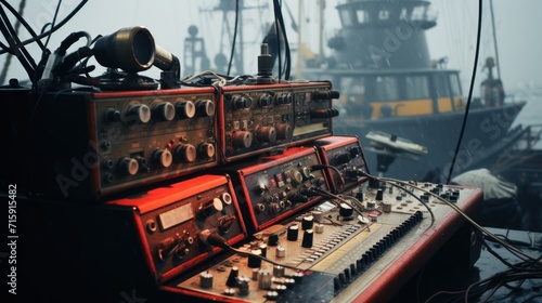 a close up of a control panel on a boat in a body of water with a tug boat in the background.