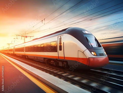 High speed train in motion on the railway station at sunset. Fast moving modern passenger train on railway platform. Railroad with motion blur effect. Commercial transportation.