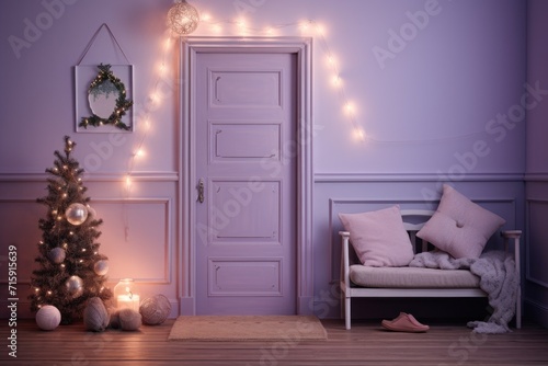  a living room with a couch and a christmas tree in front of a door with lights on the wall and a small christmas tree in front of the door.