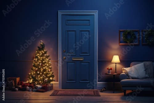  a living room with a christmas tree in the corner and presents on the floor in front of a blue door.