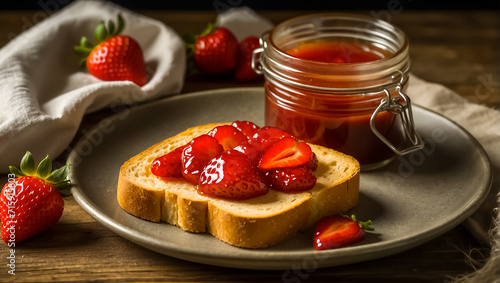 Delicious appetizing bread with strawberry jam on the table