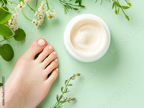 Young, perfect groomed woman feet. Opened white jar of natural herbal cream on pastel green background. Care about clean, soft and smooth skin. Healthcare concept. Closeup.