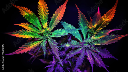 marijuana leaves multicolored glowing neon leaves sparkling flowering cannabis bushes on a dark background