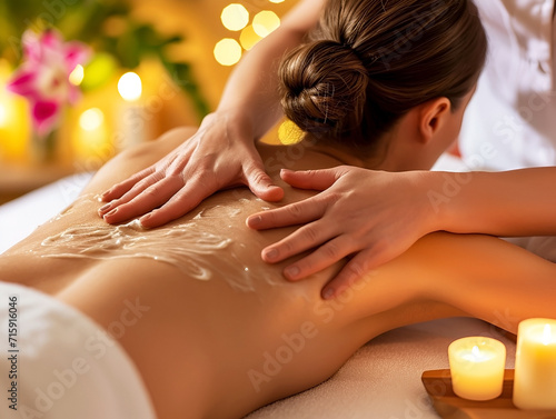 A woman gets a back massage with a spa therapist for wellness, holistic therapy or cosmetic care at the resort. Beauty salon, skin and face care for the client relax during treatment, break or vacatio
