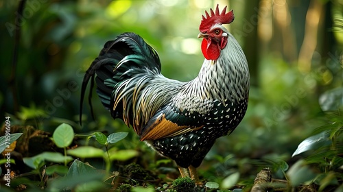 Portrait of a rooster on a free range in summer.