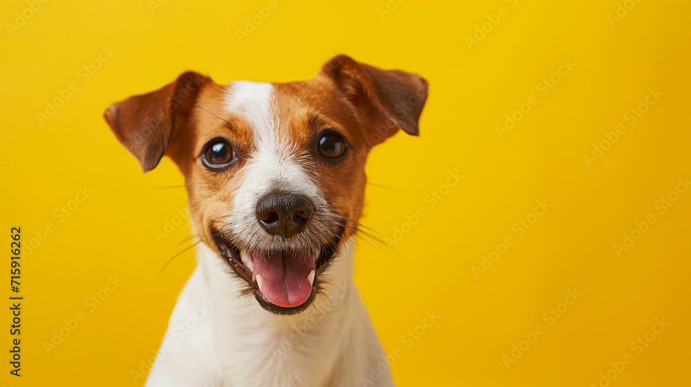 Portrait of a cute smiling happy small dog Jack Russell terrier on a yellow background isolated. Dog close up on color background. Concept pets love, animal life, humor. Portrait of a cute smiling happy small dog Jack Russell terrier on a yellow background isolated. Dog close up on color background. Concept pets love, animal life, humor.