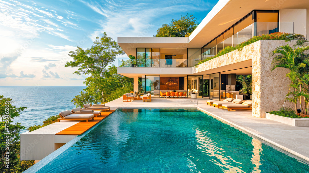 Fototapeta premium Tropical Villa with Infinity Pool and Ocean View.