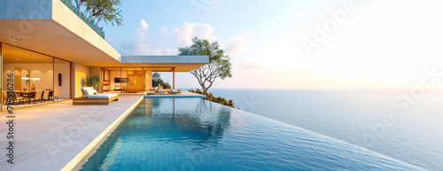 Modern Cliffside Villa with Infinite Pool at Sunset. photo