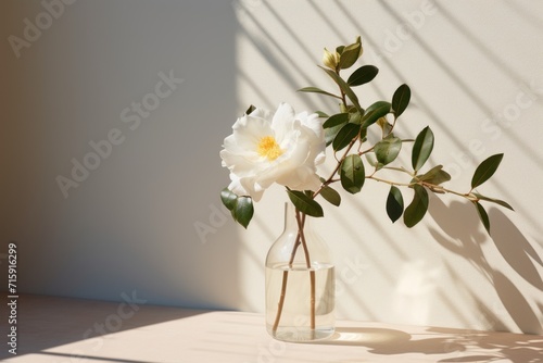  a white flower in a glass vase with a shadow of a wall behind it and a shadow of a wall behind it.