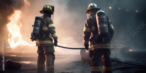 Strong and brave firefighters extinguish a fire. Generative AI. Dramatic silhouette of firefighter in full gear exploring the huge fire zone. Lifeguards with fire hoses in smoke and fire. Fire photo