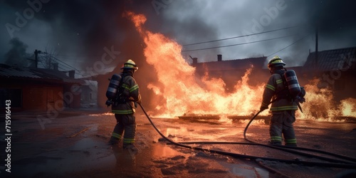 Strong and brave firefighters extinguish a fire. Generative AI. Dramatic silhouette of firefighter in full gear exploring the huge fire zone. Lifeguards with fire hoses in smoke and fire. Fire