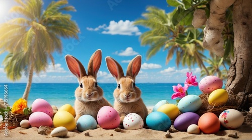 easter vacation picture of easter bunnies with easter eggs on a tropical sand beach under palm trees. easter holiday promotion picture with easter rabbits in their holidays. Generative AI. photo