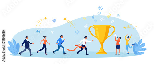 Businessman running to trophy, crossing finish line and tearing ribbon. Business success or achievement, skill or effort to succeed in work. Competitive process in business. Way to achieve the goal