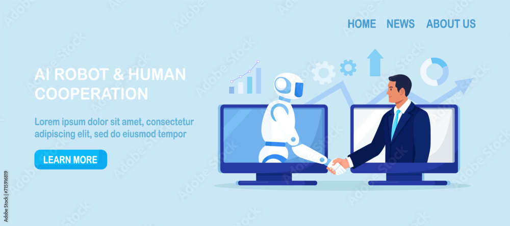 Ai robot and businessman shaking hands. Partnership between man and humanoid robot. Collaboration between human and artificial intelligence. Robotization in business Ai robot and businessman shaking hands. Partnership between man and humanoid robot. Collaboration between human and artificial intelligence. Robotization in business