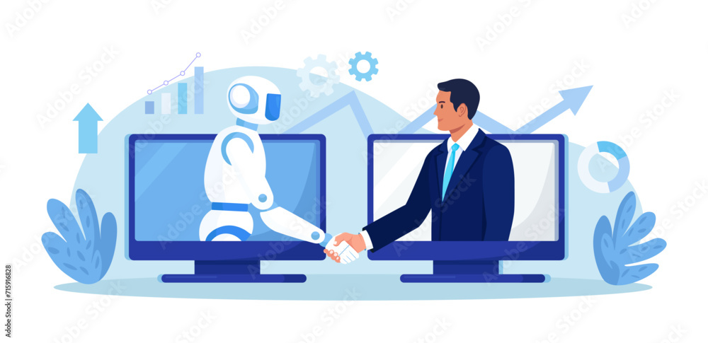 Ai robot and businessman shaking hands. Partnership between man and humanoid robot. Collaboration between human and artificial intelligence. Robotization in business