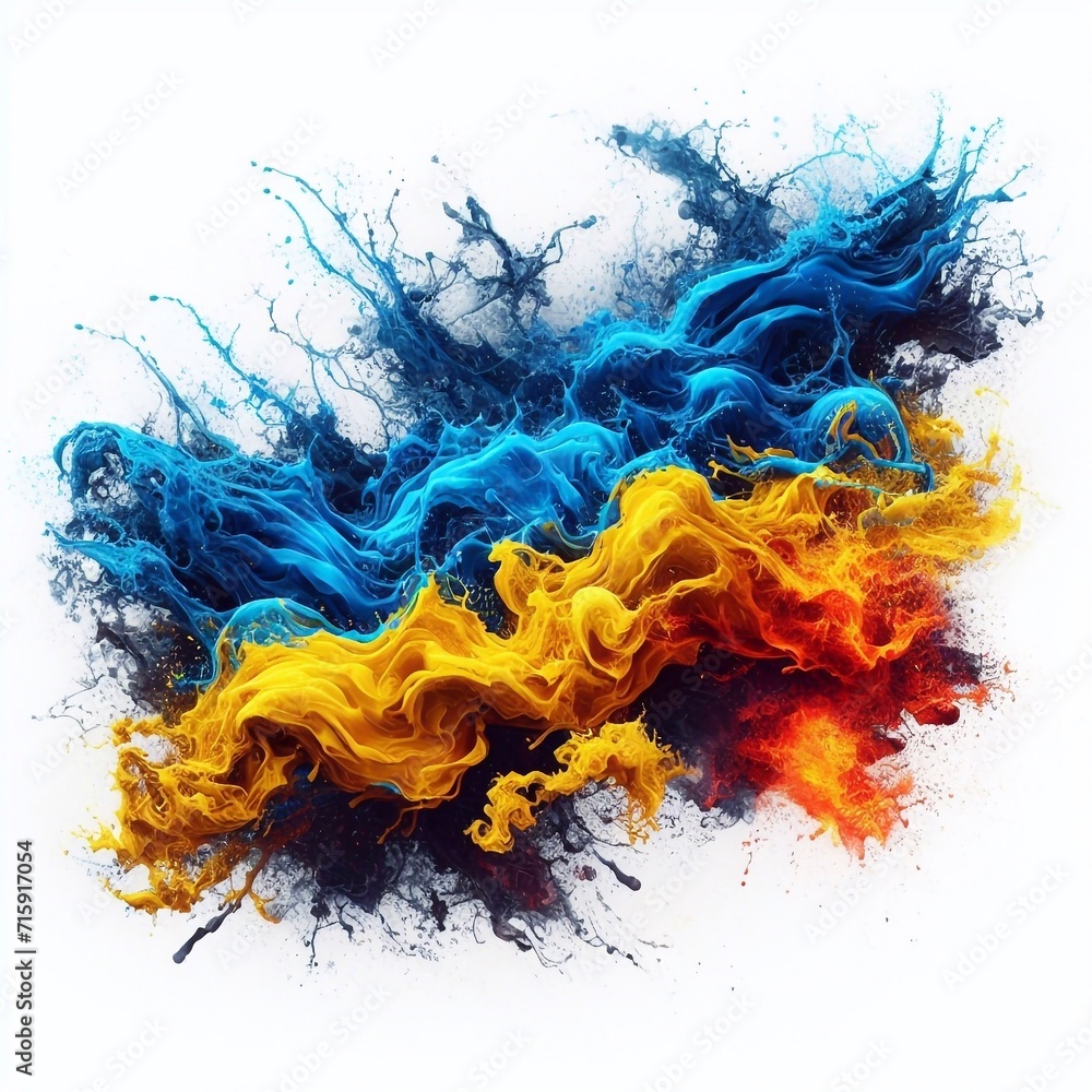 Ukraine flag what Splash of water and flame. AI generated illustration