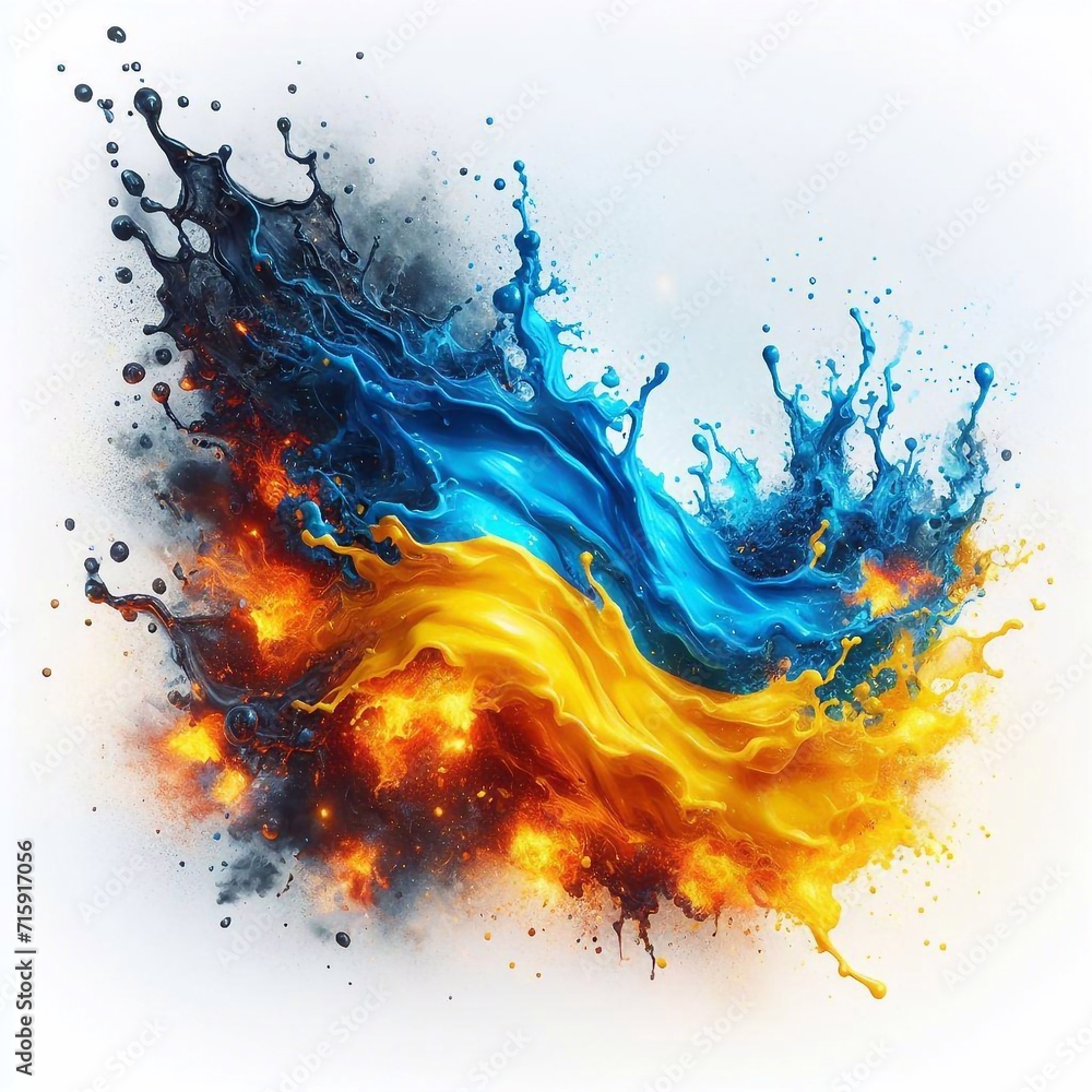 Ukraine flag what Splash of water and flame. AI generated illustration