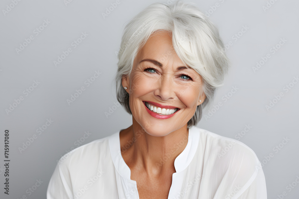 A closeup photo portrait of happy senior woman smiling, with clean teeth, for a dental ad. White background.