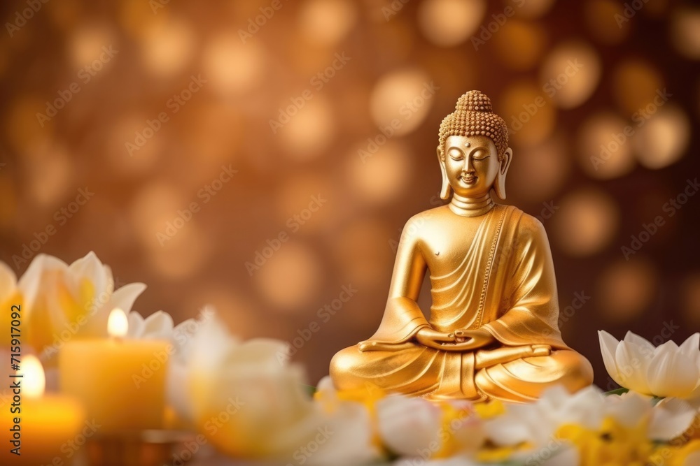 Fototapeta premium Mahavir Jayanti, bronze Buddha figure, sacred deity, statuette, candles, lotuses and bokeh effect