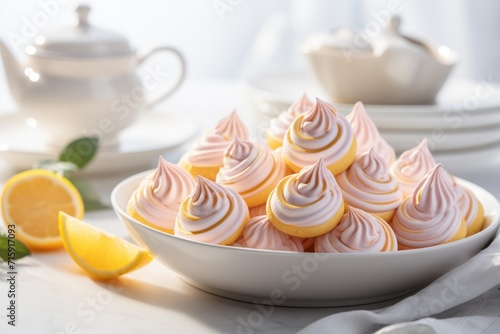  a white bowl filled with pink frosted cupcakes next to lemon wedges and a tea pot in the background.
