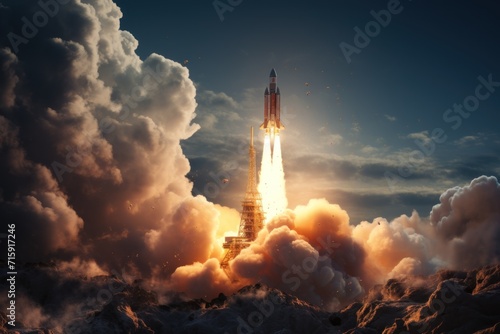  an artist's rendering of a rocket taking off into the sky with smoke and smoke billowing out of it.