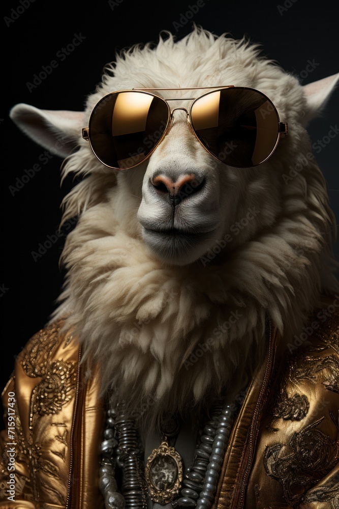  a close up of a llama wearing a gold jacket and sunglasses with a black background and a black background.