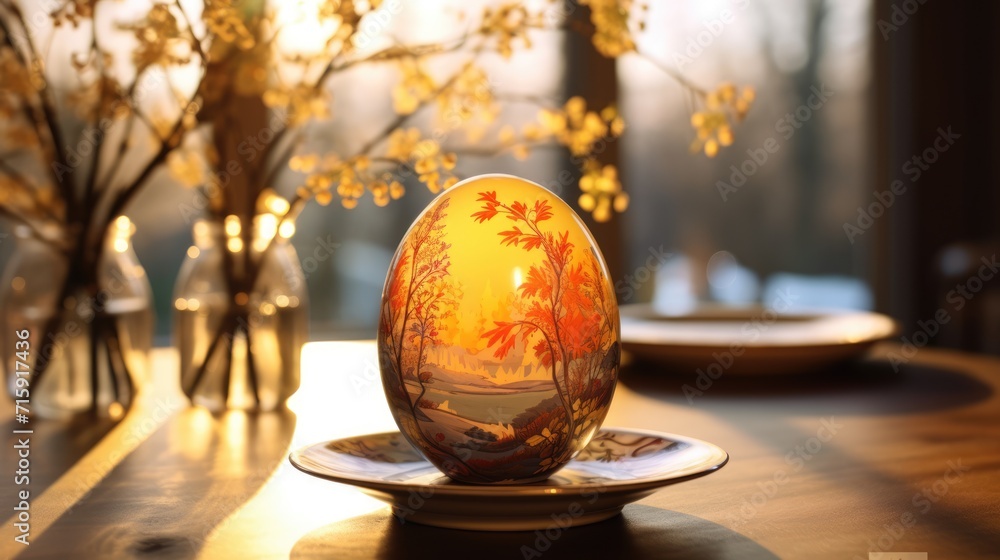 Painted golden glass Easter egg with autumn trees picture on a saucer. Yellow flowers at the background. AI Generated Painted golden glass Easter egg with autumn trees picture on a saucer. Yellow flowers at the background. AI Generated