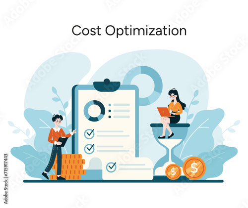 Cost Optimization concept. Smart financial planning and effective budget management for business growth. Professionals identify methods of cost optimization. Flat vector illustration
