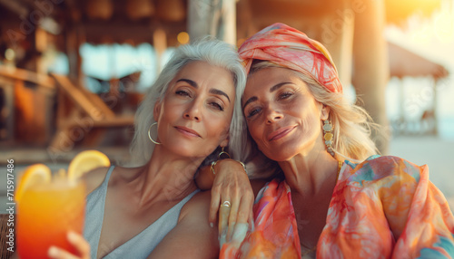 Portrait of two adult women relaxing on the beach with exotic cocktails. Concept of active age