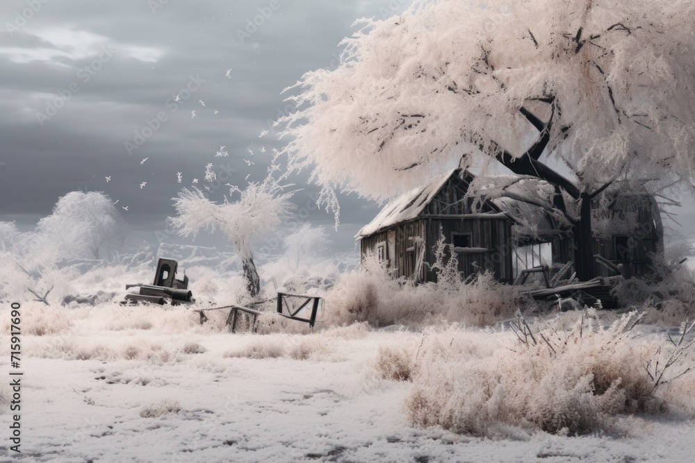 a house in the middle of a field with a tree in the foreground and a house in the background. a house in the middle of a field with a tree in the foreground and a house in the background.