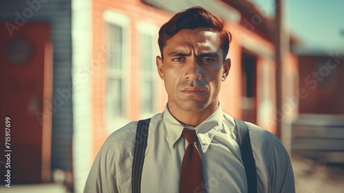 Photorealistic Adult Latino Man with Red Straight Hair vintage Illustration. Portrait of a person in Great Depression era aesthetics. Historic movie style Ai Generated Horizontal Illustration. © Vector Juice