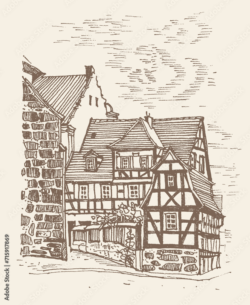Travel sketch of Nuremberg, Germany. Historical building, old medieval houses line art. Freehand drawing. Hand drawn retro postcard. Urban sketch in braun color isolated on beige background, ink pen.