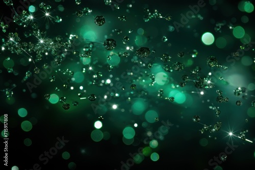  a bunch of bubbles floating in the air on a black background with a green boke of lights in the background.
