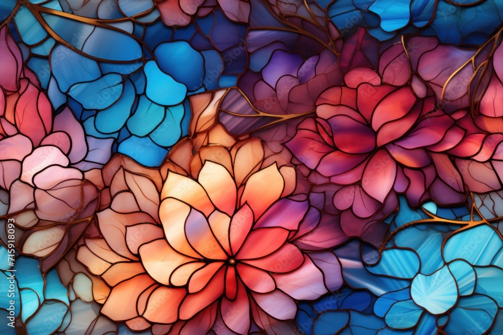 a close up of a bunch of flowers made out of stained glass with blue, pink, and orange colors. a close up of a bunch of flowers made out of stained glass with blue, pink, and orange colors.