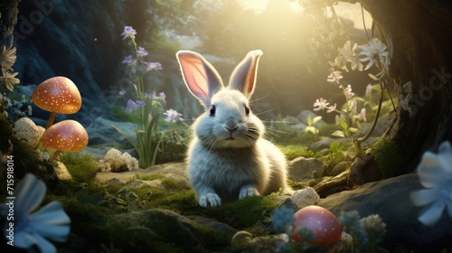 White bunny in magic forest with mushrooms and flowers. Rabbit sitting on green grass. AI Generated