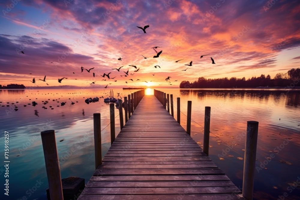 a dock with birds flying over the water and the sun setting in the distance with a pink and blue sky. a dock with birds flying over the water and the sun setting in the distance with a pink and blue sky.
