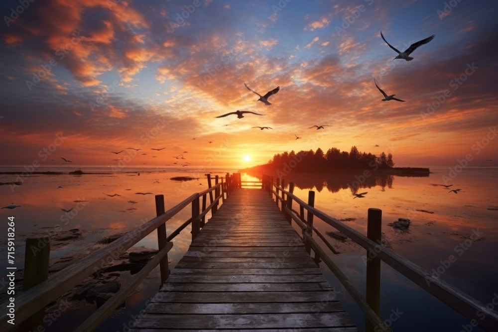  a dock with birds flying over a body of water and a sunset in the middle of the ocean with a small island in the distance.