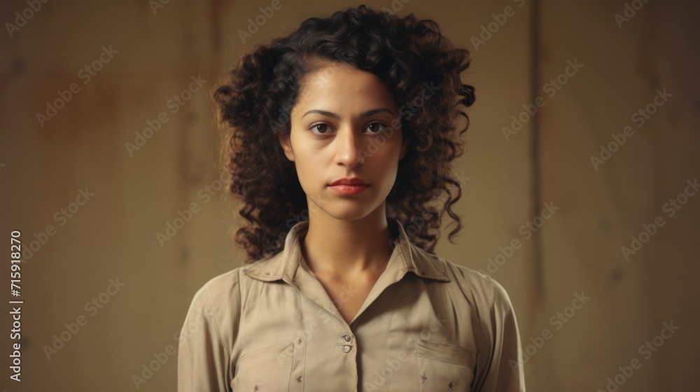 Photorealistic Adult Latino Woman with Brown Curly Hair vintage Illustration. Portrait of a person in Great Depression era aesthetics. Historic movie style Ai Generated Horizontal Illustration.